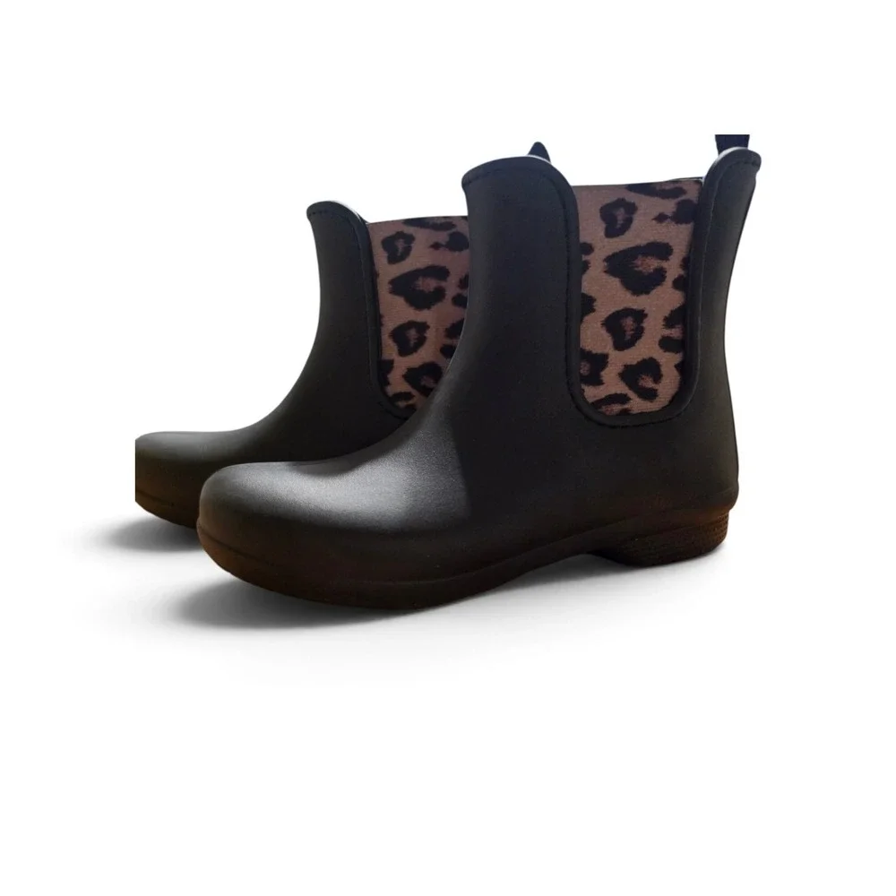 Crocs Freesail Chelsea Rain Boots Women's 6 Black Leopard Waterproof 204630